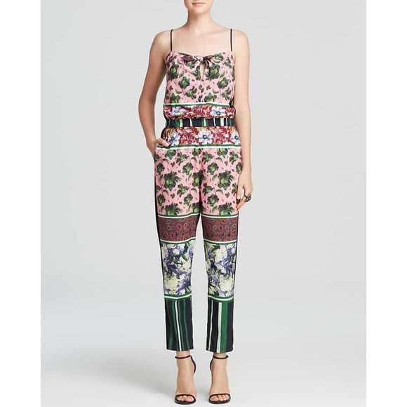Clover Canyon Pants - Clover Canyon Floral Jumpsuit Sz M Black Pink Green Patchwork Strappy Tie Front